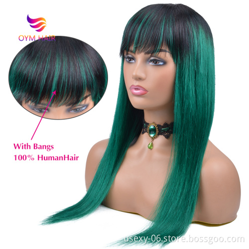 Wholesale 10A Grade 150% Density  Machine Made Color Human Hair Wigs With Bang